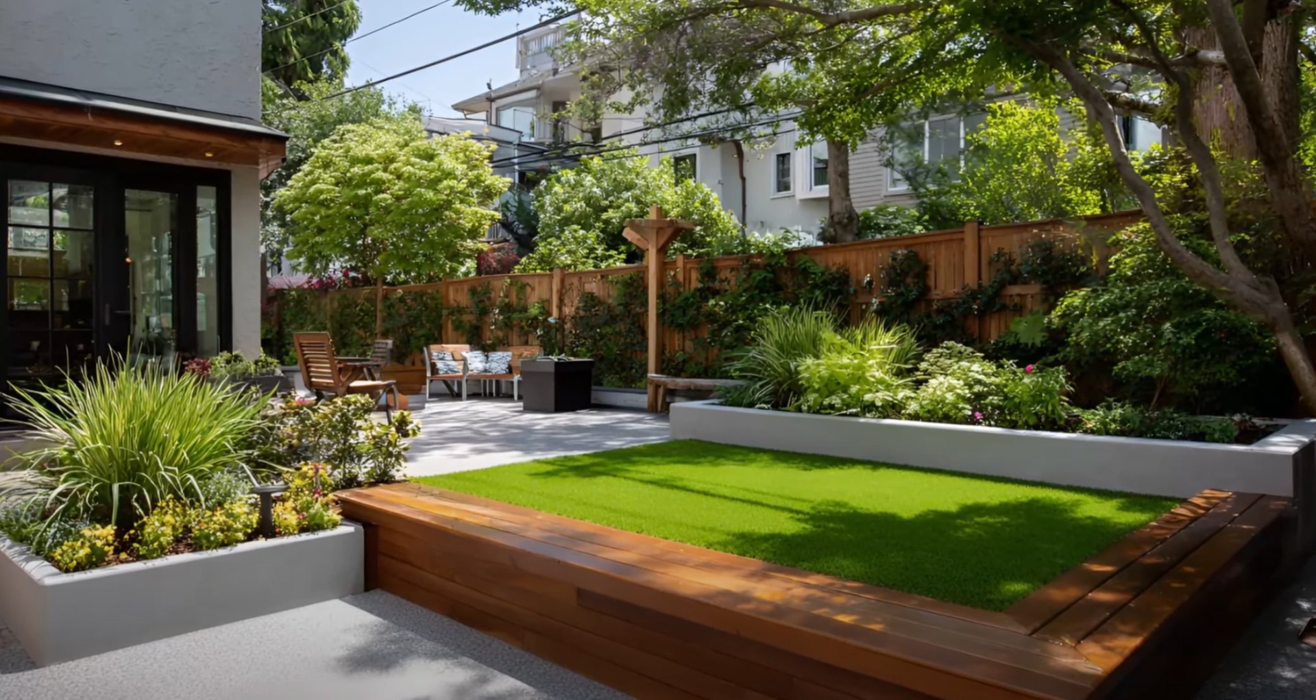 Contemporary Backyard Design Modern backyard design with raised planters, lawn area, and outdoor living space